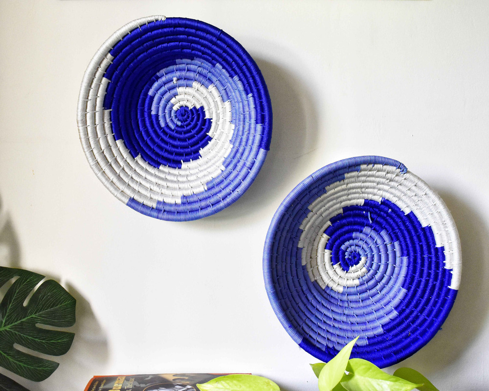 blue and white design sabai grass wall plates