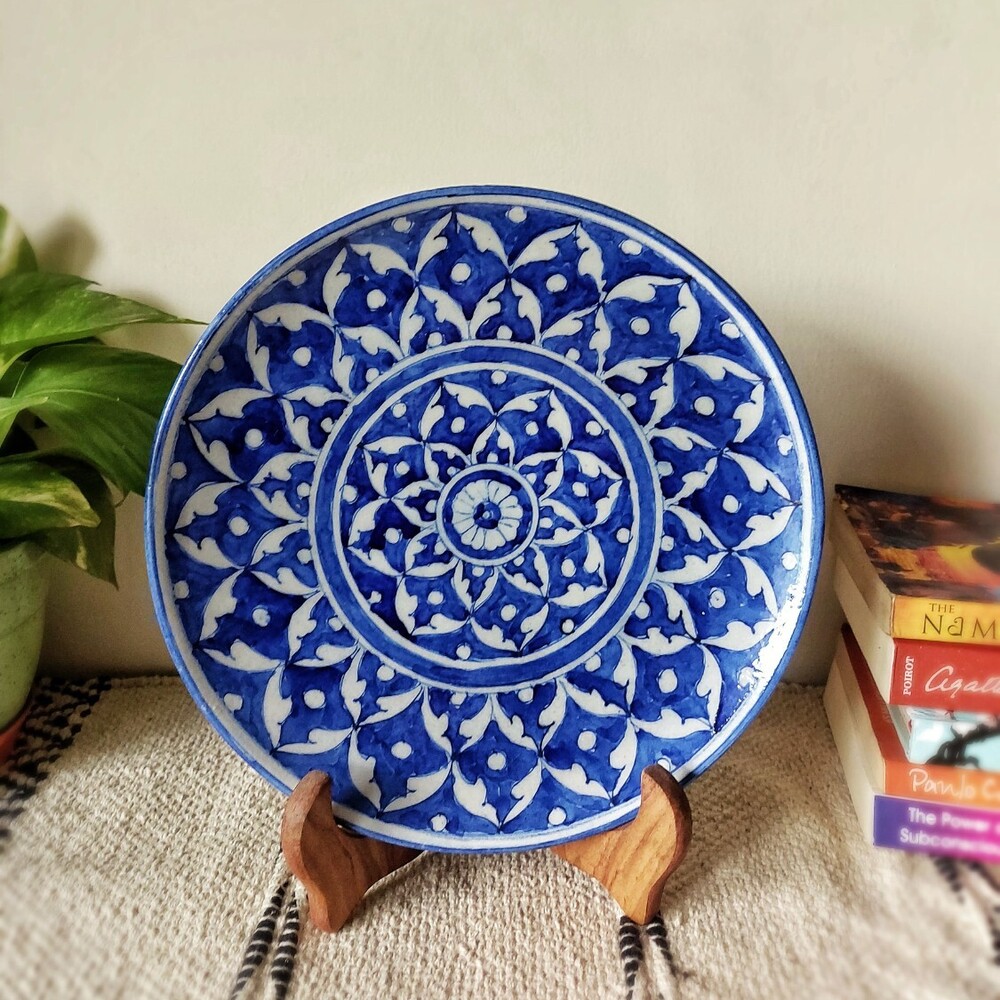 blue and white wall plates
