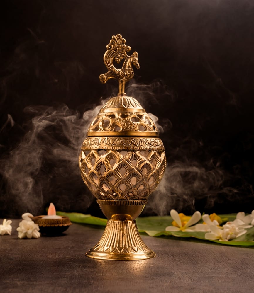 brass antique peacock incense burner
