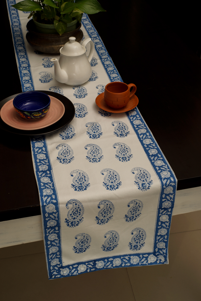 Blue floral hand block printed table runner