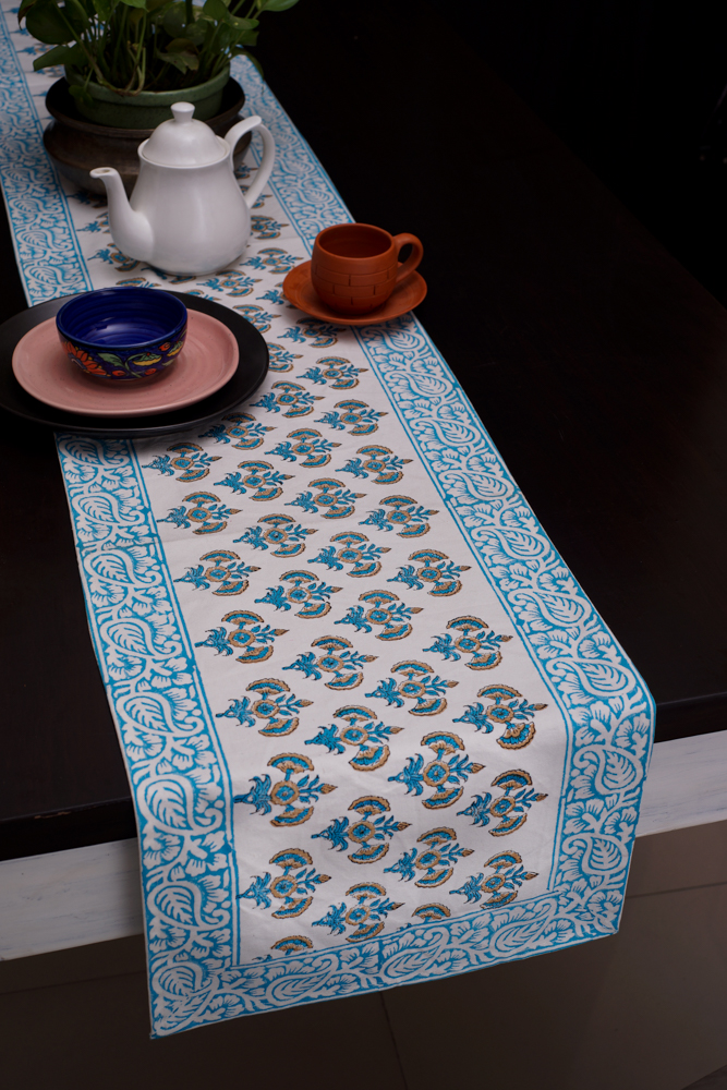 Blue floral printed table runner