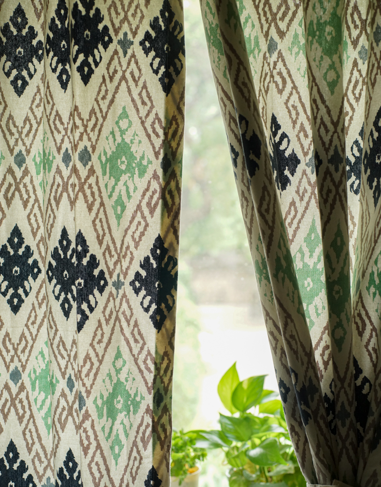 Ikat style printed cotton curtain