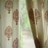 white and red block printed curtain