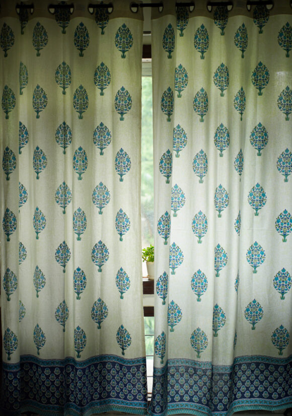 hand printed white and blue cotton curtain