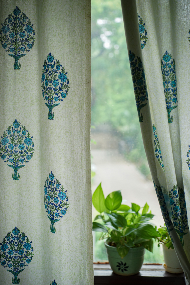 hand printed blue and white curtain