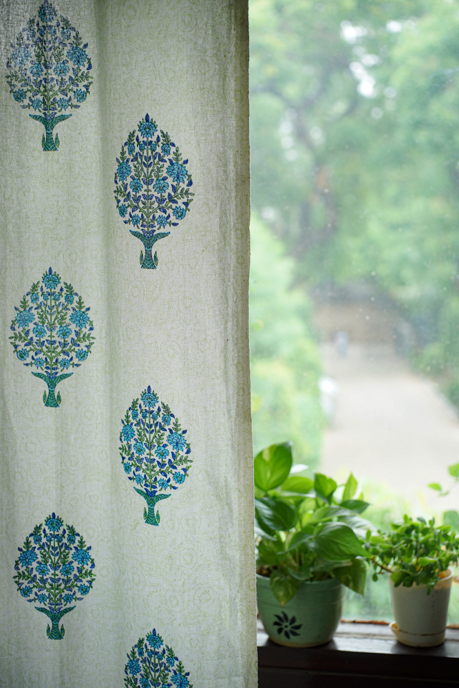 white and blue cotton curtain